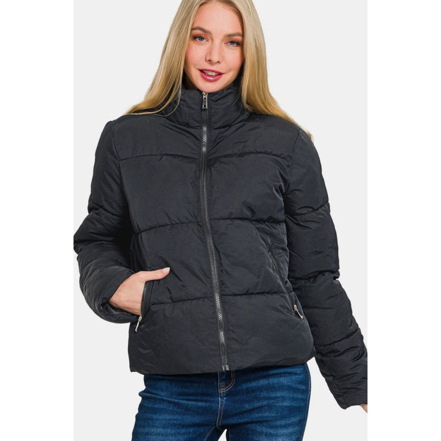 Zenana Zip Up Turtleneck Puffer Jacket with Pockets Apparel and Accessories