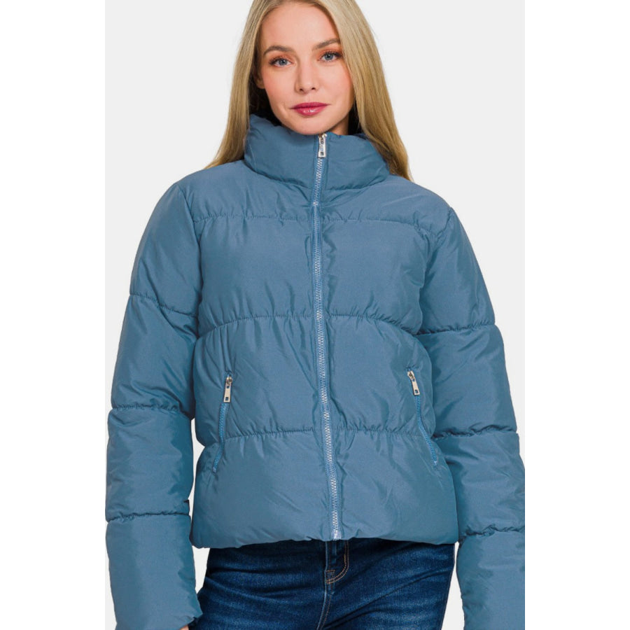 Zenana Zip Up Turtleneck Puffer Jacket with Pockets Apparel and Accessories