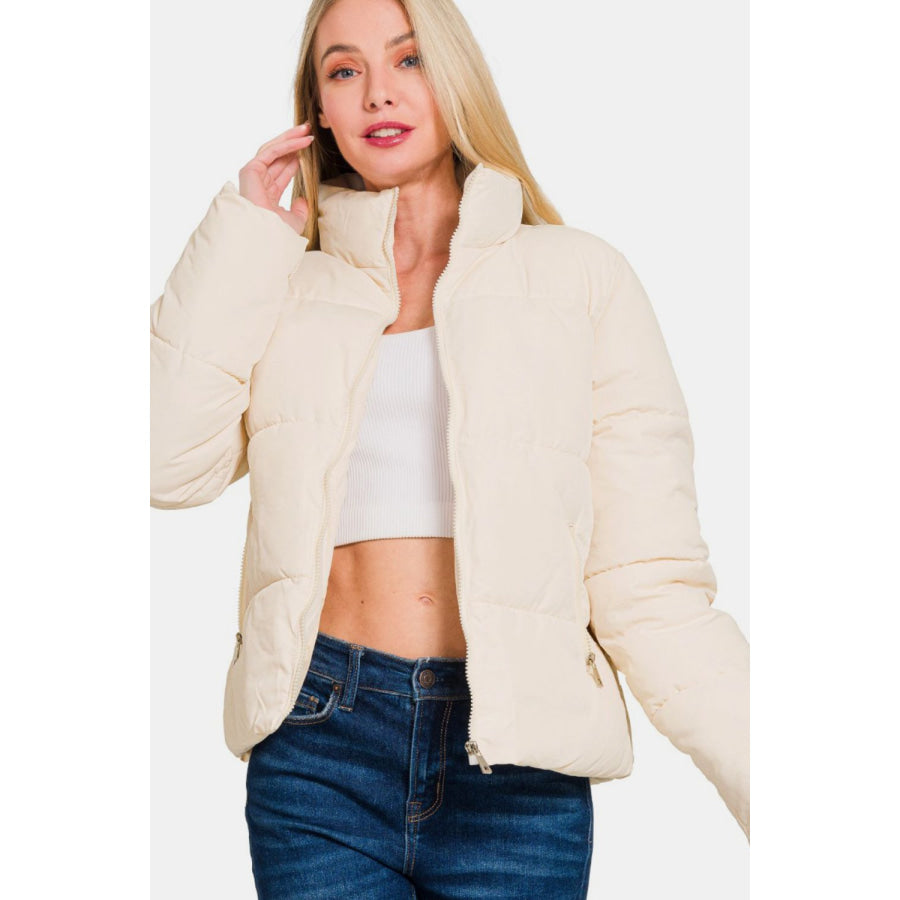 Zenana Zip Up Turtleneck Puffer Jacket with Pockets Apparel and Accessories