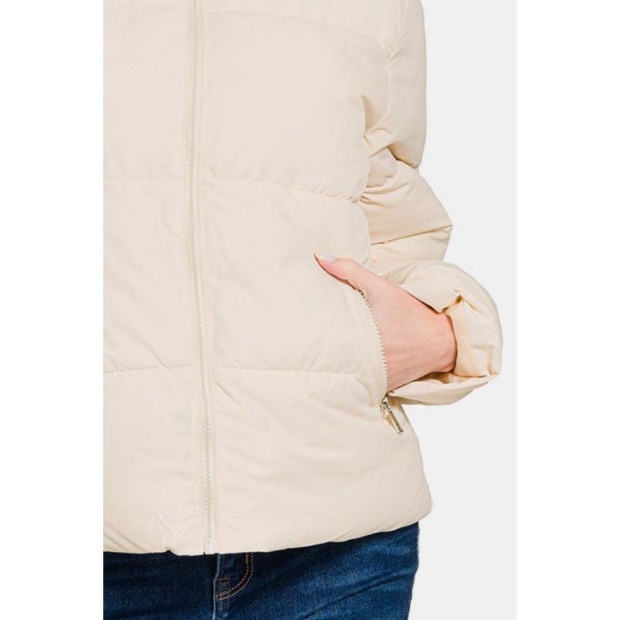 Zenana Zip Up Turtleneck Puffer Jacket with Pockets Apparel and Accessories