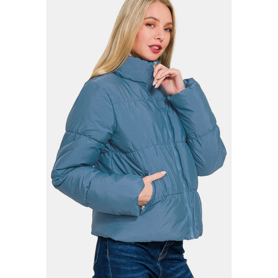 Zenana Zip Up Turtleneck Puffer Jacket with Pockets Apparel and Accessories