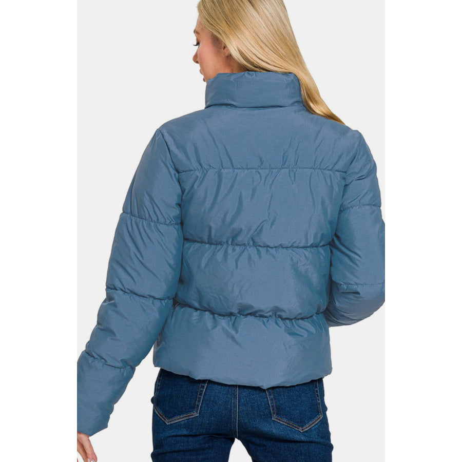 Zenana Zip Up Turtleneck Puffer Jacket with Pockets Apparel and Accessories