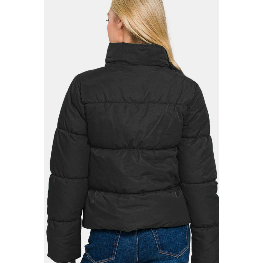 Zenana Zip Up Turtleneck Puffer Jacket with Pockets Apparel and Accessories