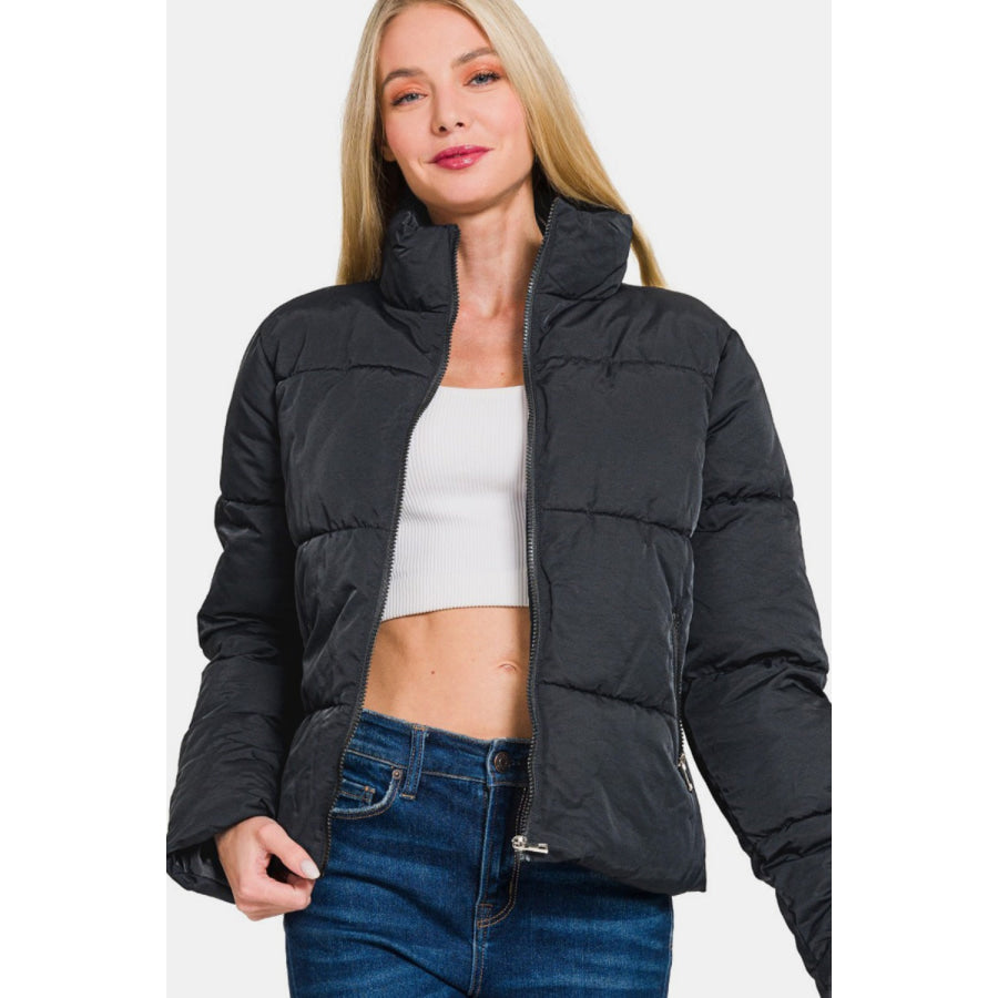 Zenana Zip Up Turtleneck Puffer Jacket with Pockets Black / S Apparel and Accessories