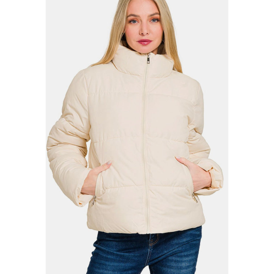 Zenana Zip Up Turtleneck Puffer Jacket with Pockets Cream / S Apparel and Accessories