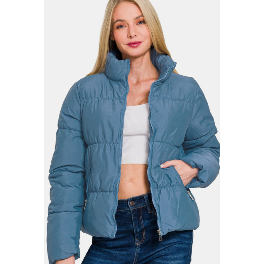 Zenana Zip Up Turtleneck Puffer Jacket with Pockets Dusty Blue / S Apparel and Accessories