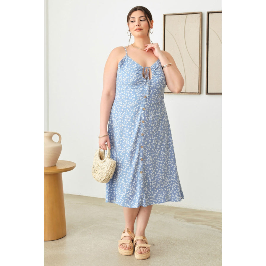 Zenobia Plus Size Cutout Floral Spaghetti Strap Dress Blue / 1XL Apparel and Accessories