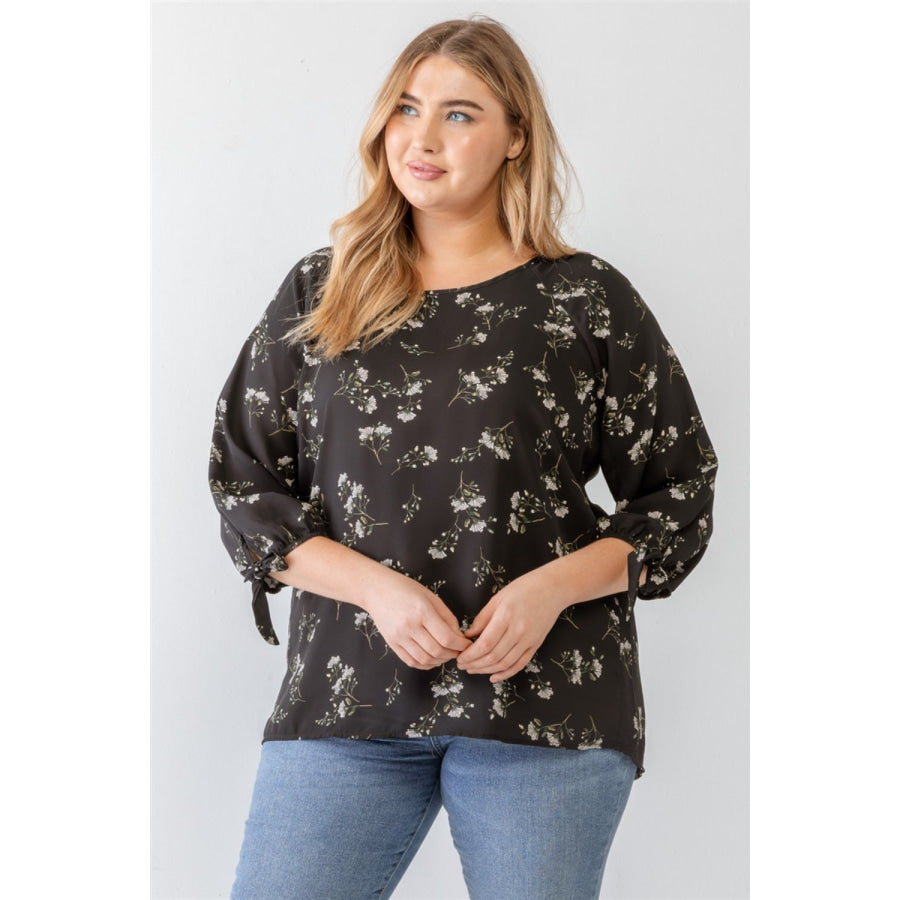 Zenobia Plus Size Floral Round Neck Blouse Black / 1XL Apparel and Accessories