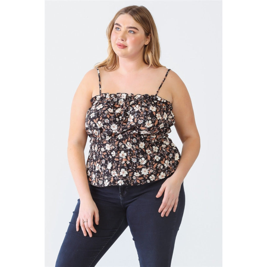 Zenobia Plus Size Frill Floral Square Neck Cami Black / 1XL Apparel and Accessories