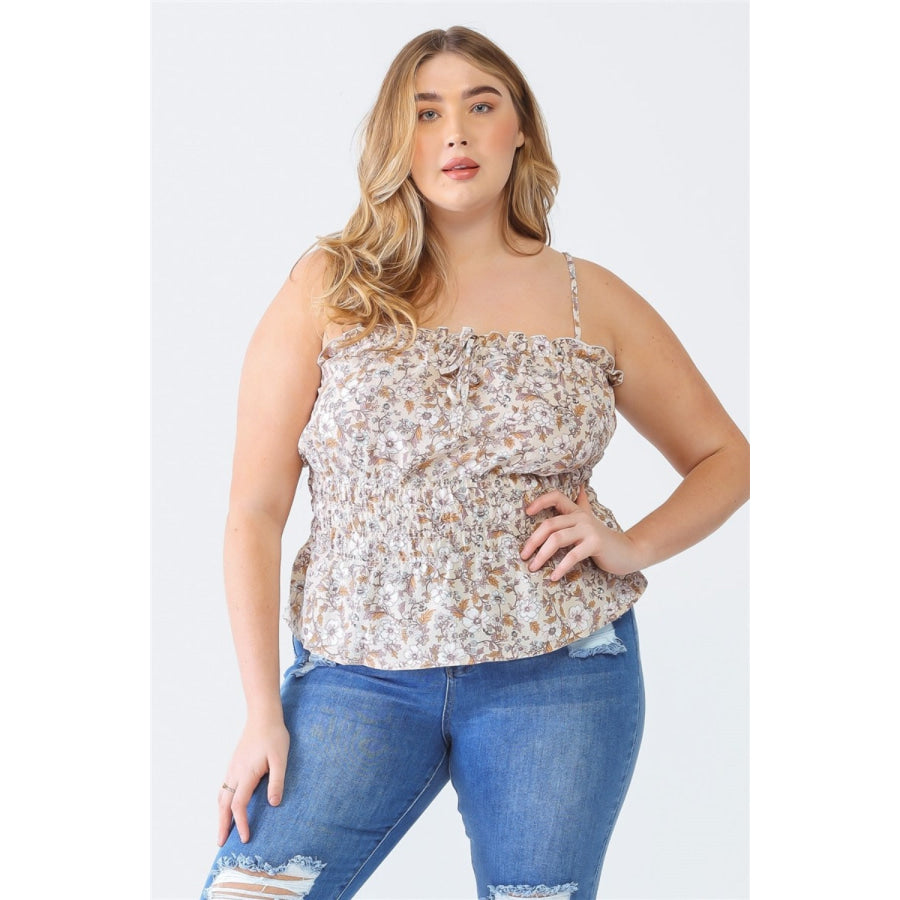 Zenobia Plus Size Frill Floral Square Neck Cami Taupe / 1XL Apparel and Accessories