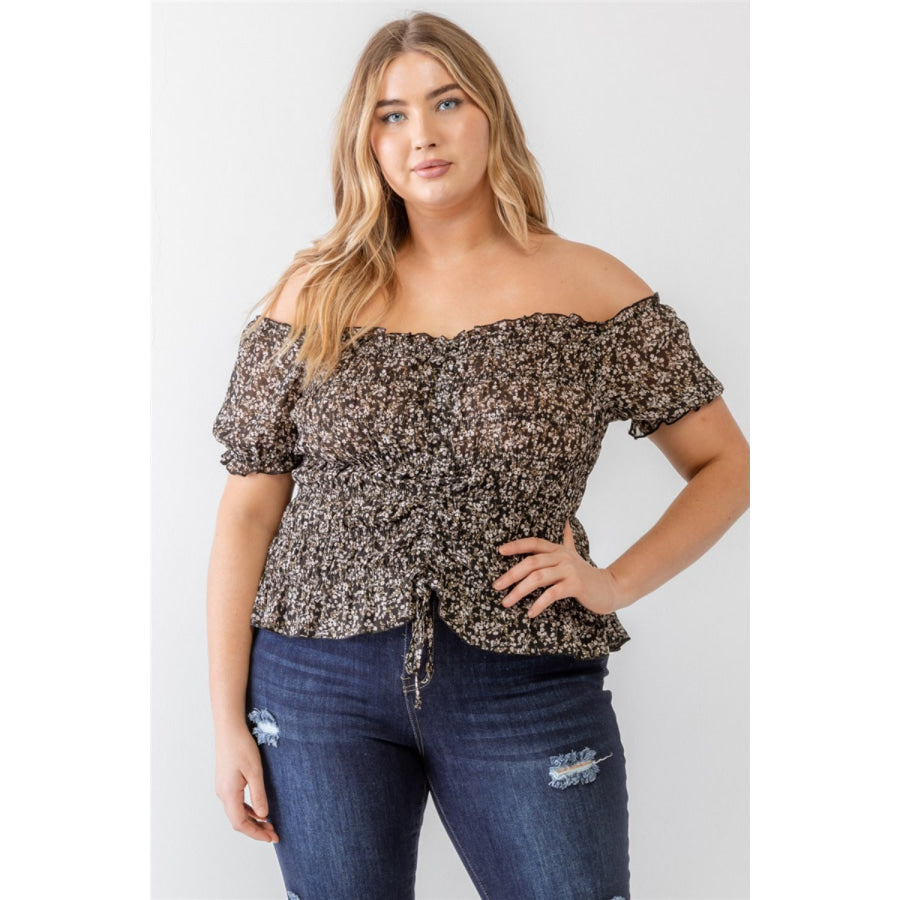 Zenobia Plus Size Frill Ruched Off-Shoulder Short Sleeve Blouse Black / 1XL Apparel and Accessories