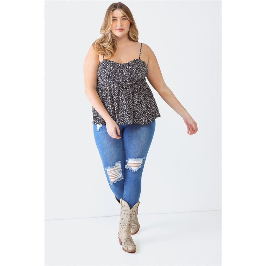 Zenobia Plus Size Frill Smocked Floral Sweetheart Neck Cami Apparel and Accessories