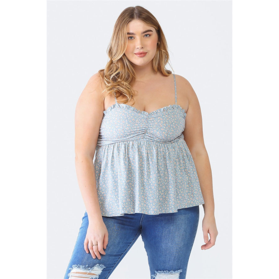 Zenobia Plus Size Frill Smocked Floral Sweetheart Neck Cami Blue / 1XL Apparel and Accessories