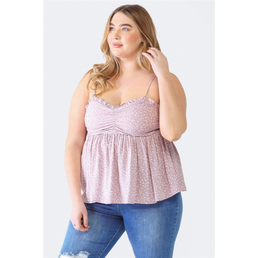 Zenobia Plus Size Frill Smocked Floral Sweetheart Neck Cami Mauve / 1XL Apparel and Accessories