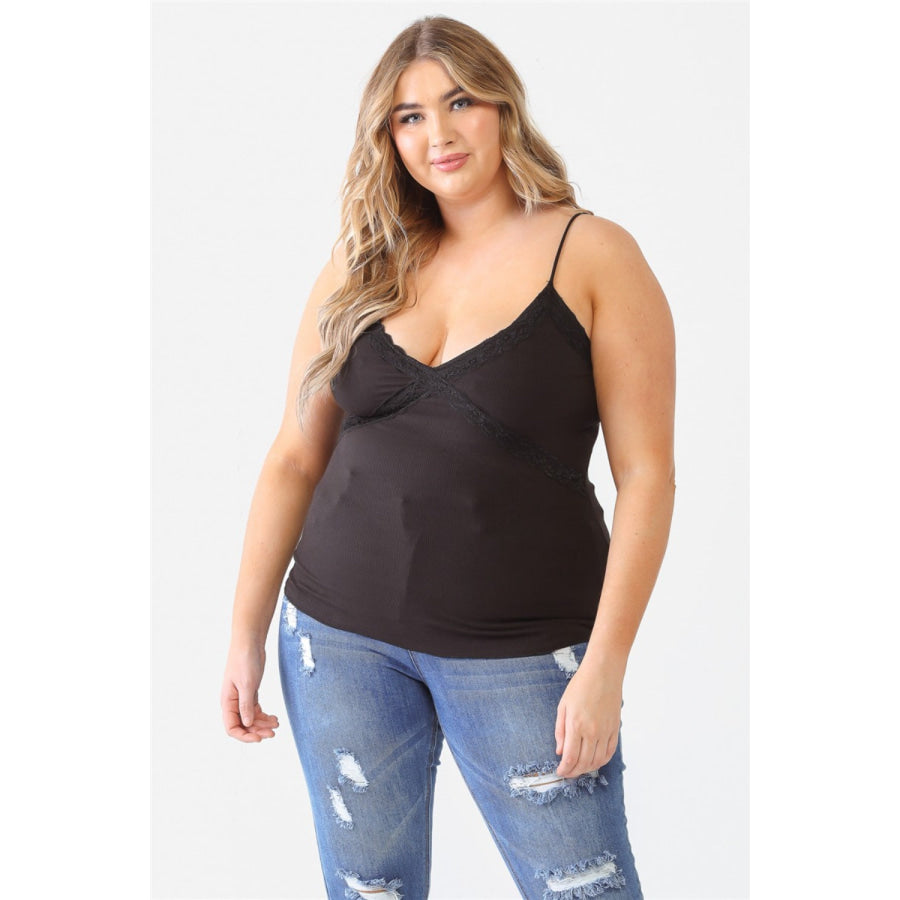 Zenobia Plus Size Lace Detail V-Neck Cami Black / 1XL Apparel and Accessories