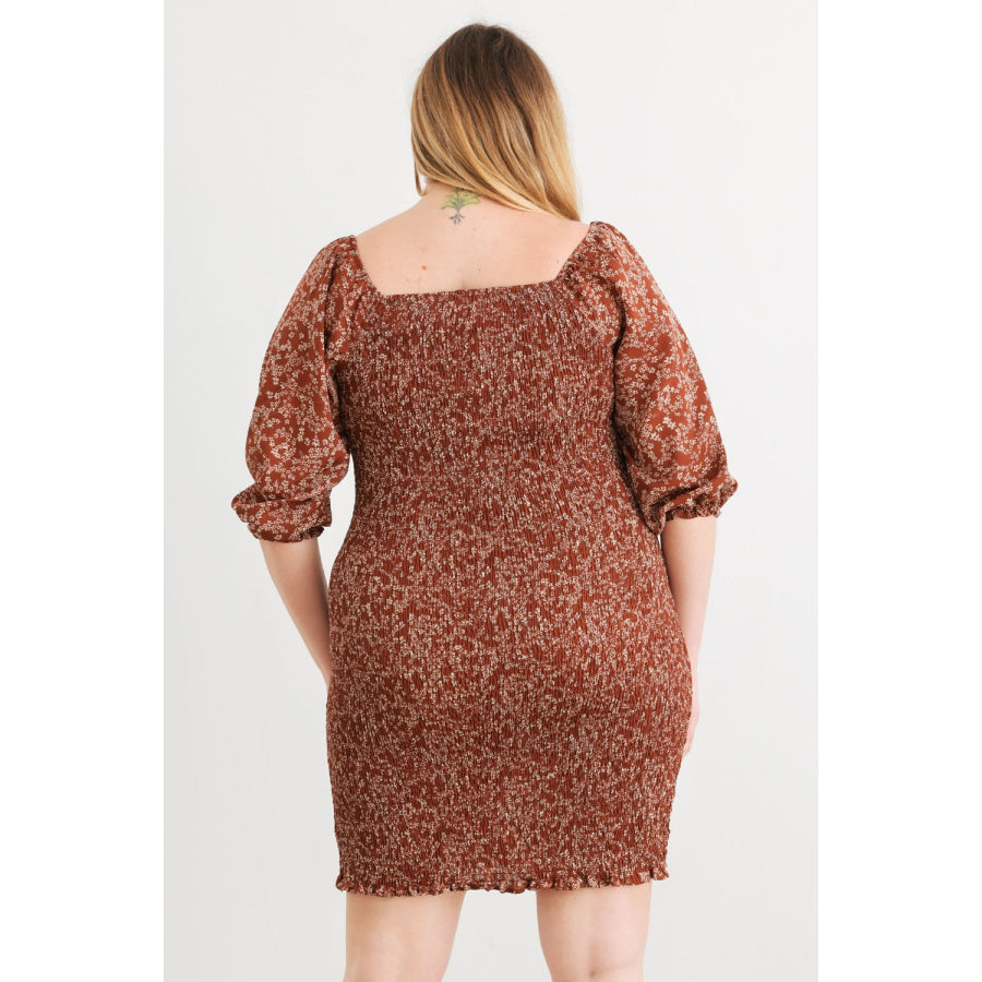 Zenobia Plus Size Smocked Printed Square Neck Mini Dress Apparel and Accessories