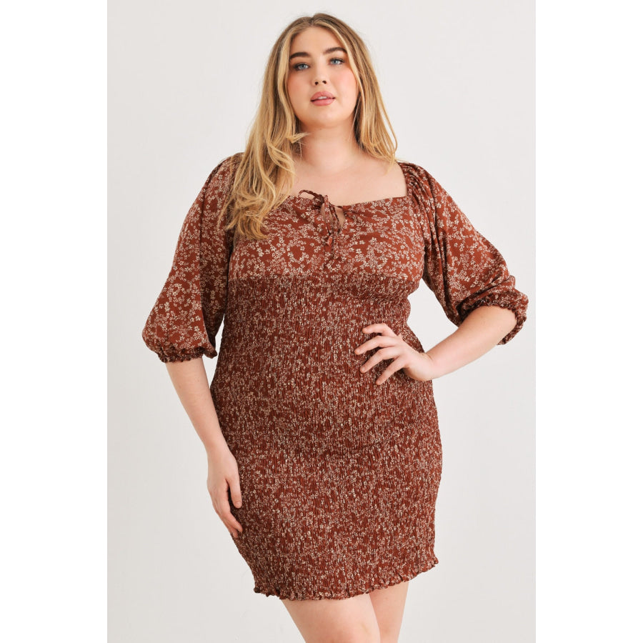 Zenobia Plus Size Smocked Printed Square Neck Mini Dress Apparel and Accessories