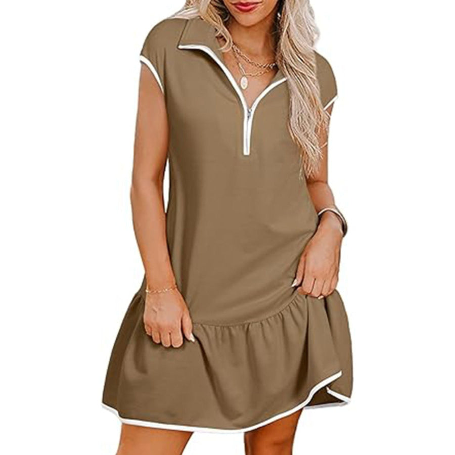 Zip Front Cap Sleeve Ruffle Hem Dress Apparel and Accessories