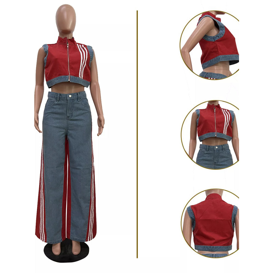 Zip Front Crop Top and Striped Pants Set Apparel and Accessories