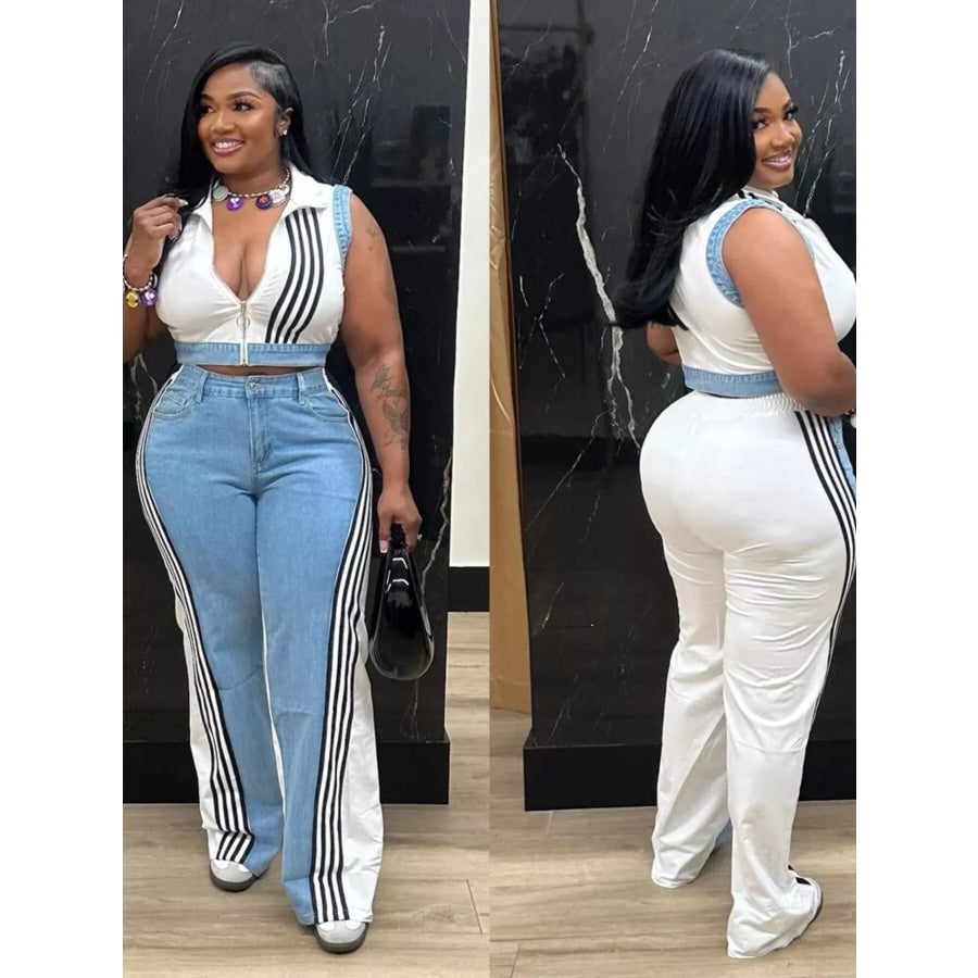 Zip Front Crop Top and Striped Pants Set Apparel and Accessories