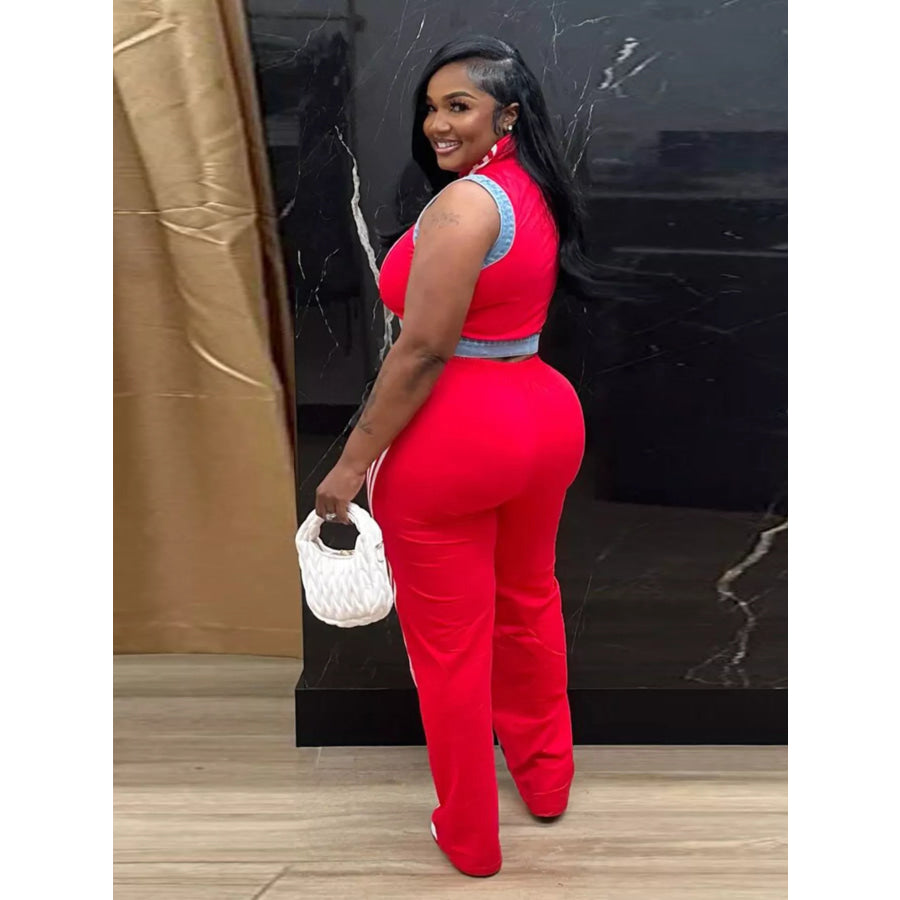 Zip Front Crop Top and Striped Pants Set Apparel and Accessories