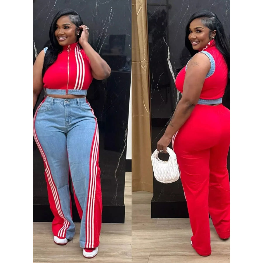 Zip Front Crop Top and Striped Pants Set Apparel and Accessories
