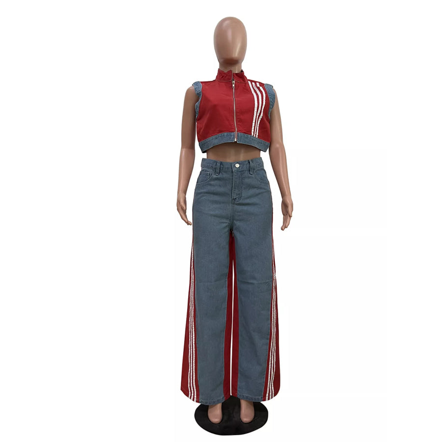 Zip Front Crop Top and Striped Pants Set Apparel and Accessories