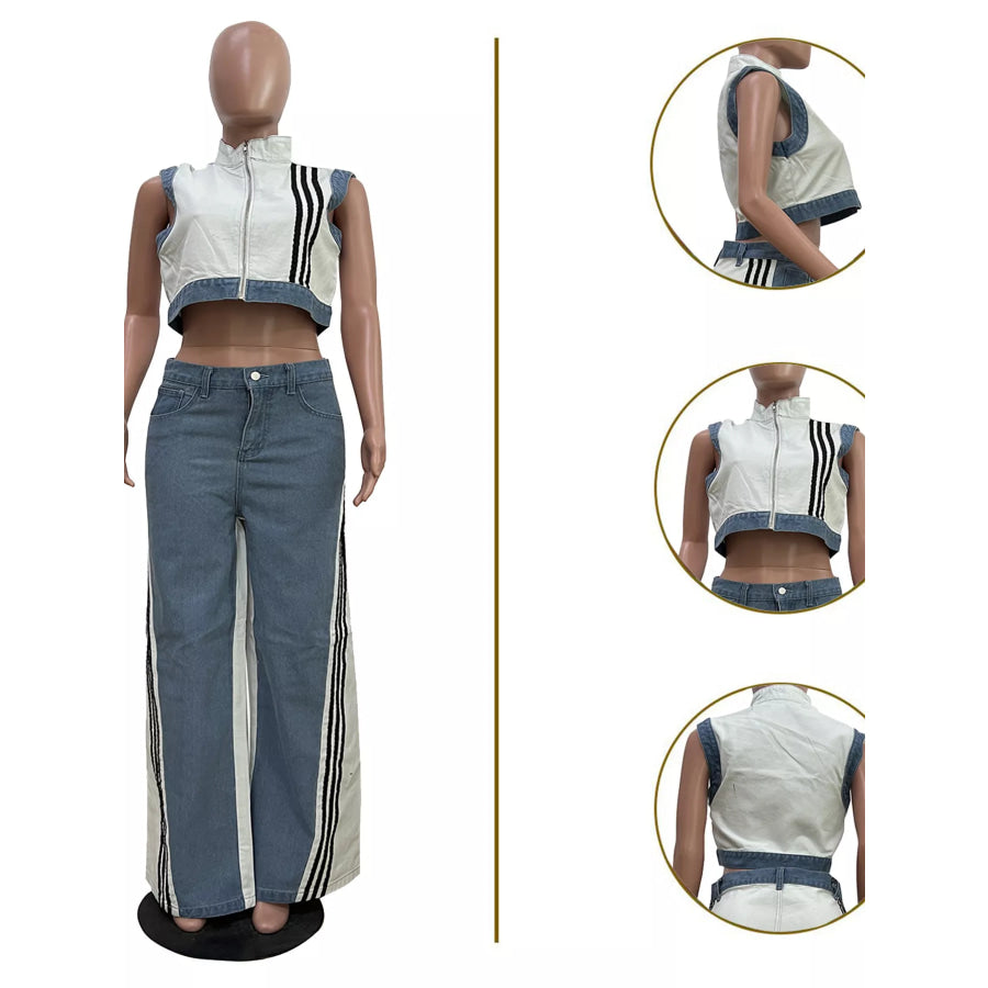 Zip Front Crop Top and Striped Pants Set Apparel and Accessories