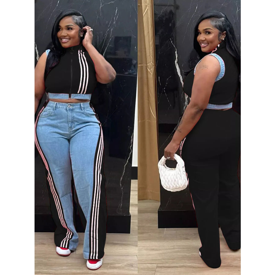 Zip Front Crop Top and Striped Pants Set Apparel and Accessories