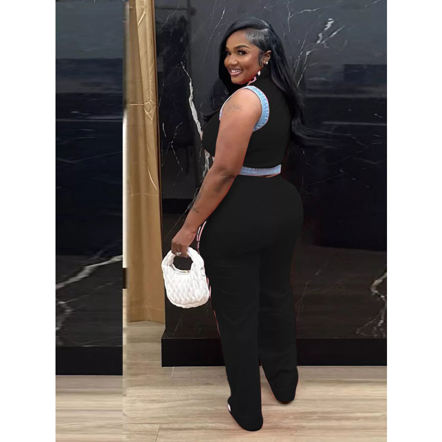 Zip Front Crop Top and Striped Pants Set Apparel and Accessories