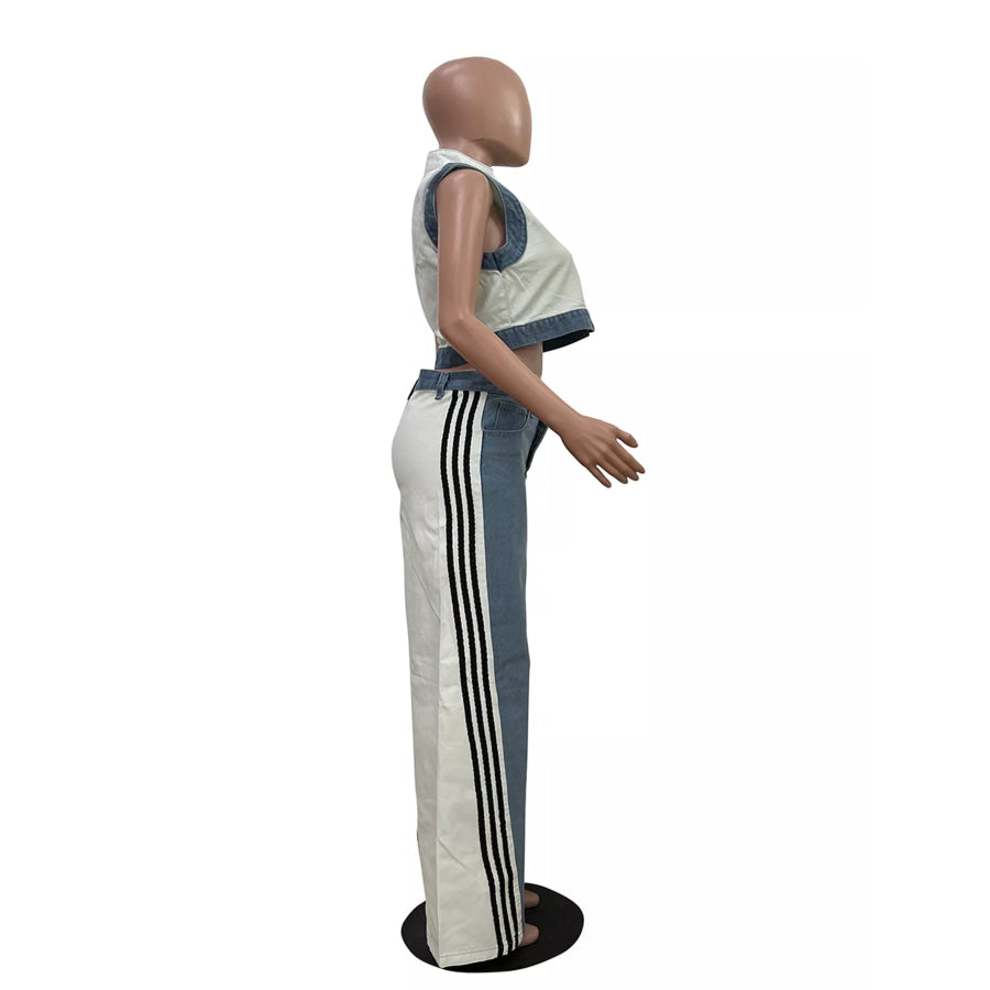 Zip Front Crop Top and Striped Pants Set Apparel and Accessories