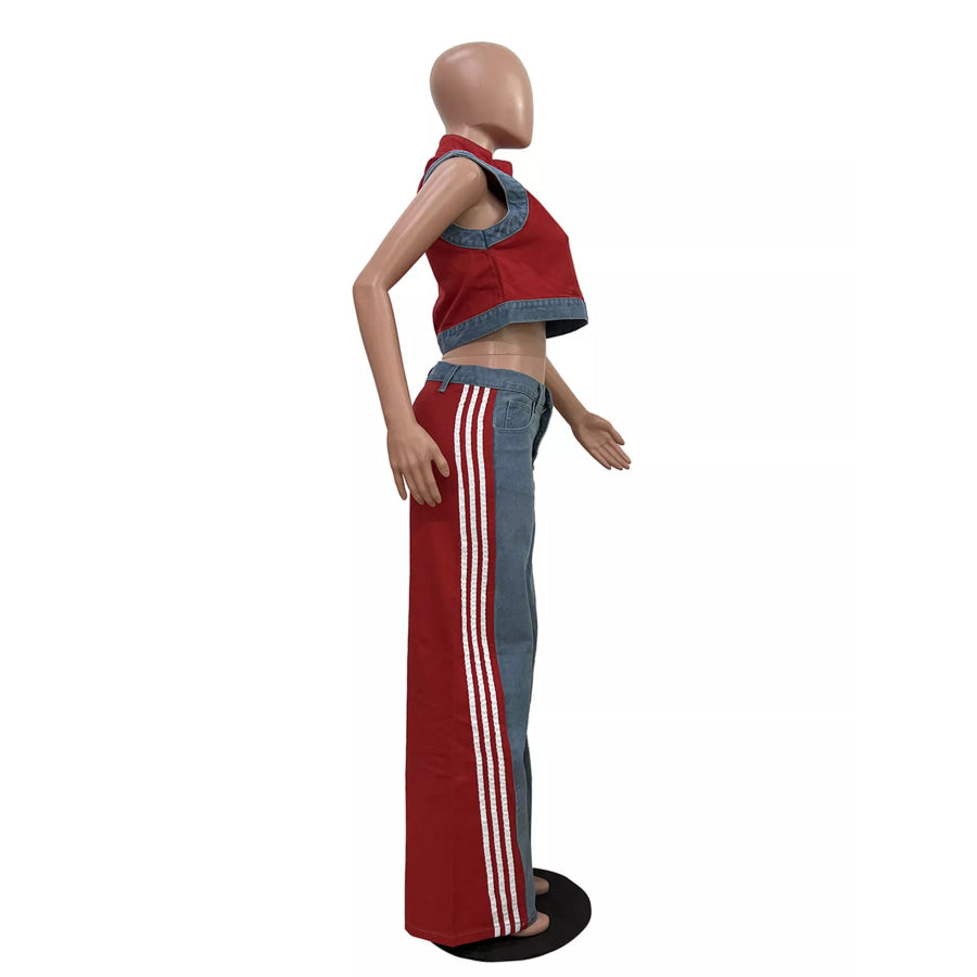 Zip Front Crop Top and Striped Pants Set Apparel and Accessories