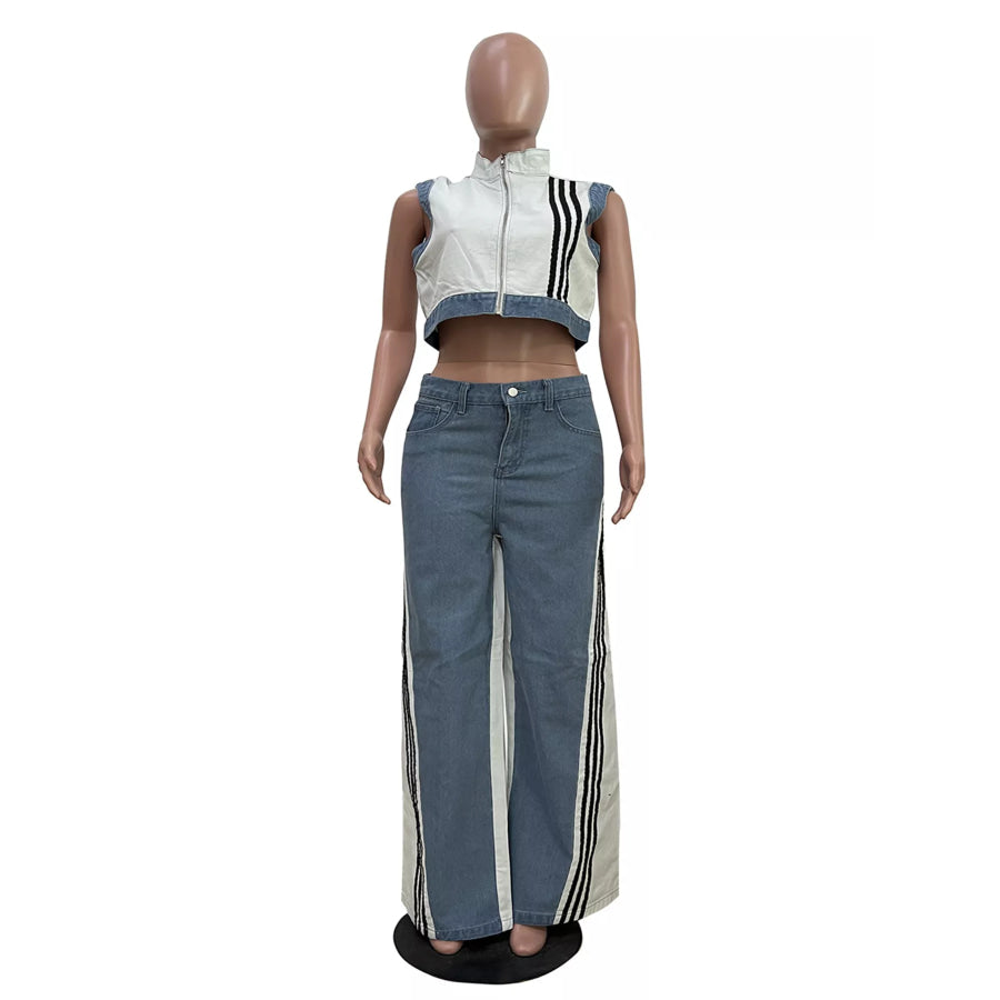 Zip Front Crop Top and Striped Pants Set Apparel and Accessories