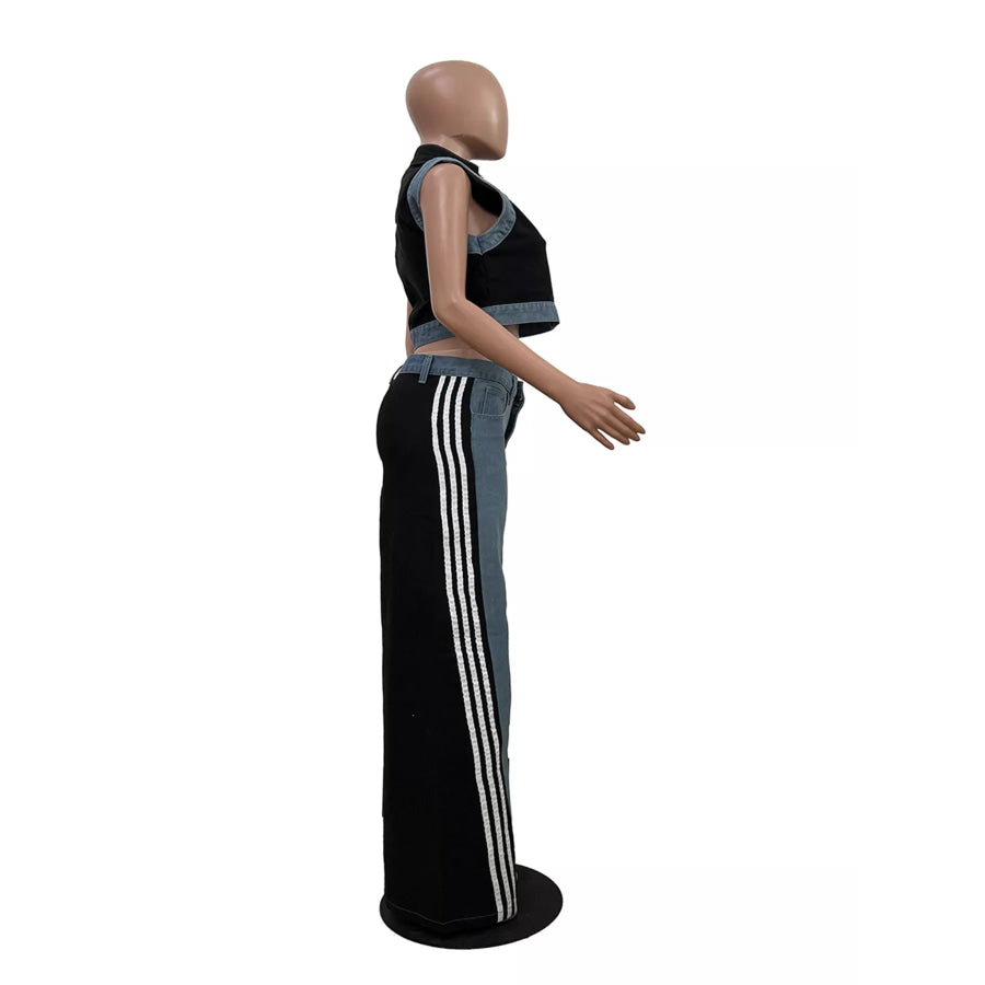 Zip Front Crop Top and Striped Pants Set Apparel and Accessories
