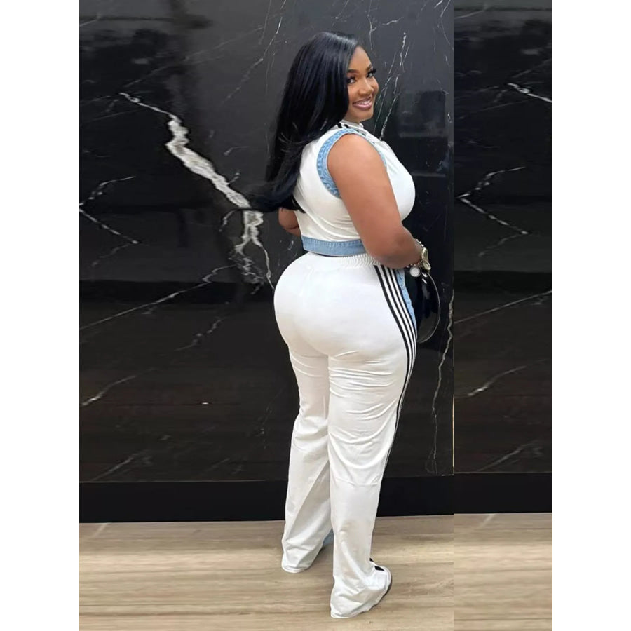 Zip Front Crop Top and Striped Pants Set Apparel and Accessories