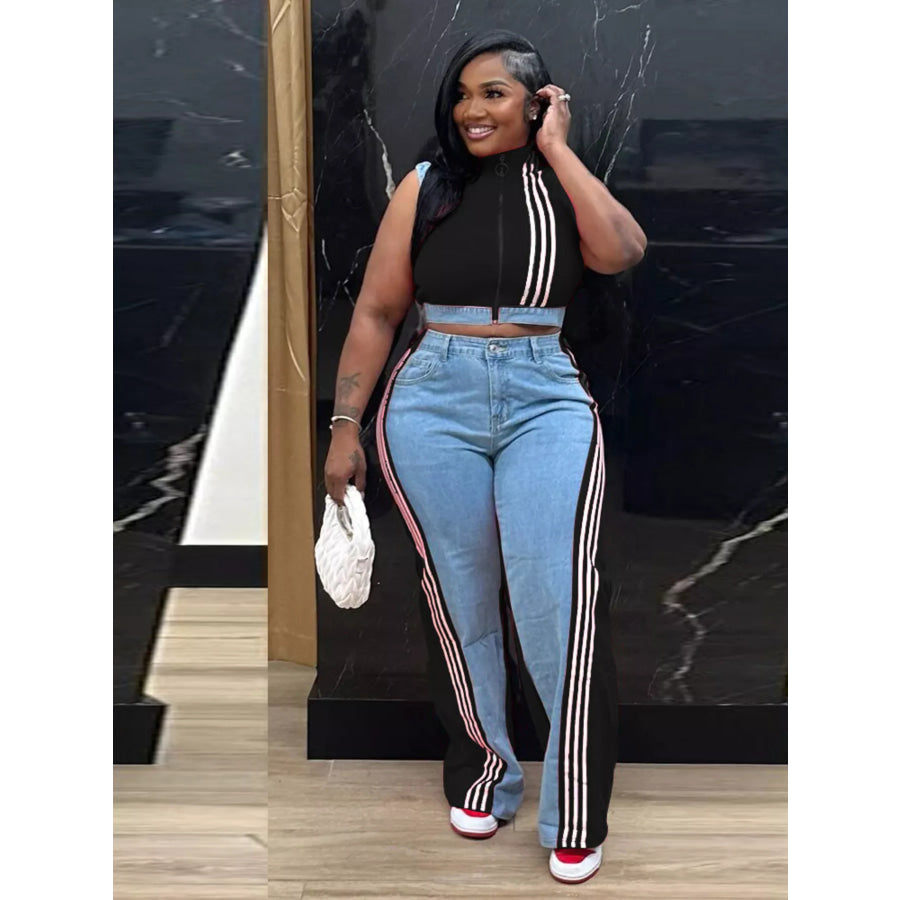 Zip Front Crop Top and Striped Pants Set Black / S Apparel and Accessories
