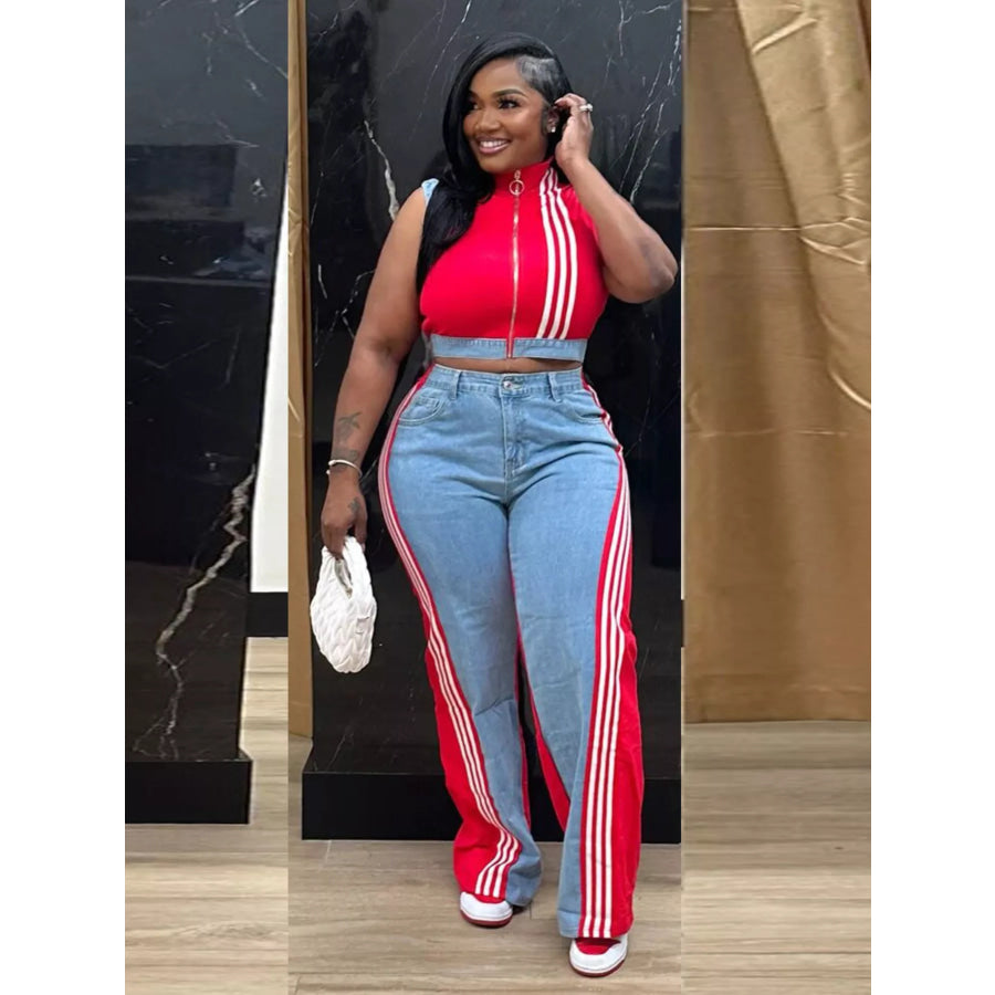 Zip Front Crop Top and Striped Pants Set Red / S Apparel and Accessories