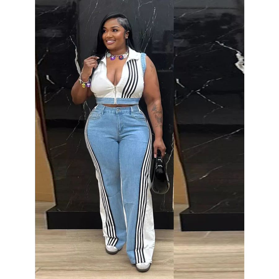 Zip Front Crop Top and Striped Pants Set White / S Apparel and Accessories