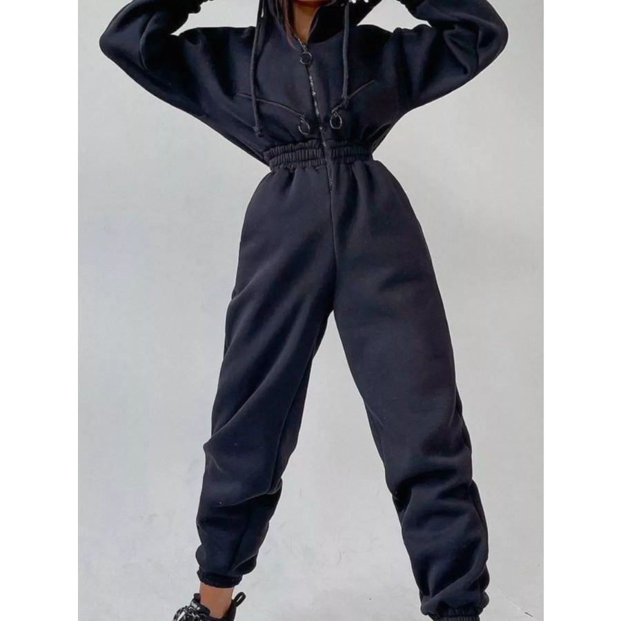 Zip Front Dropped Shoulder Jumpsuit Black / S Apparel and Accessories