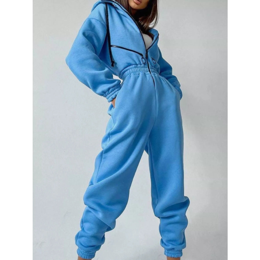Zip Front Dropped Shoulder Jumpsuit Blue / S Apparel and Accessories