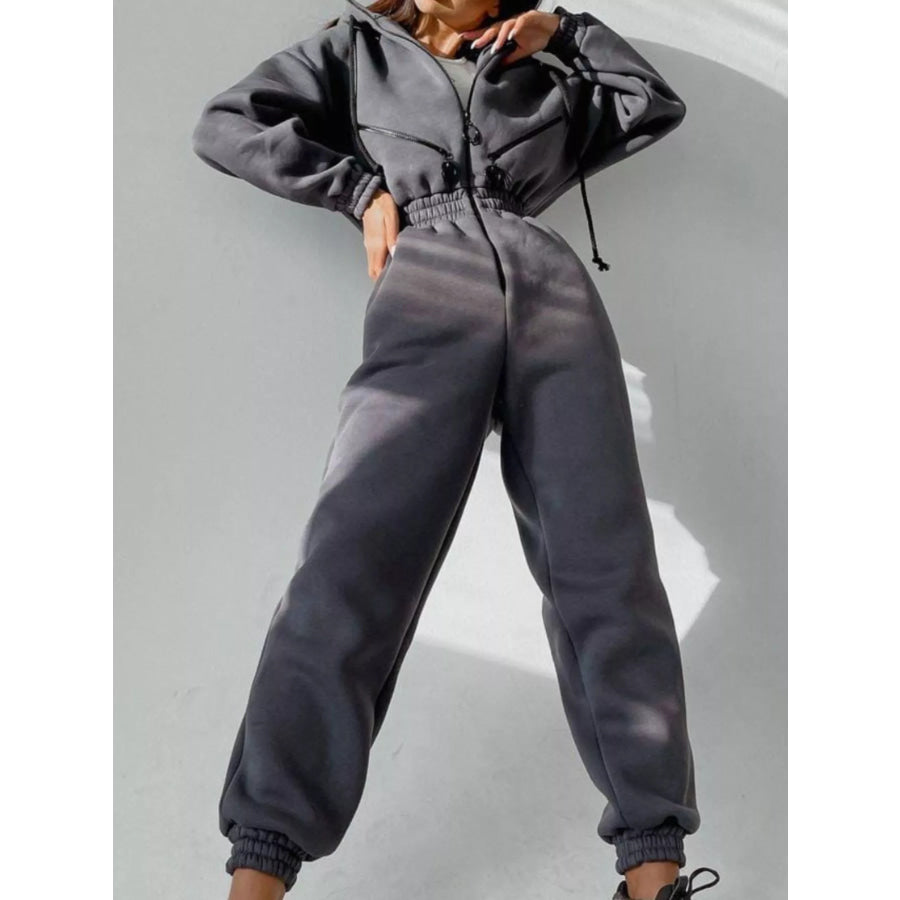 Zip Front Dropped Shoulder Jumpsuit Gray / S Apparel and Accessories