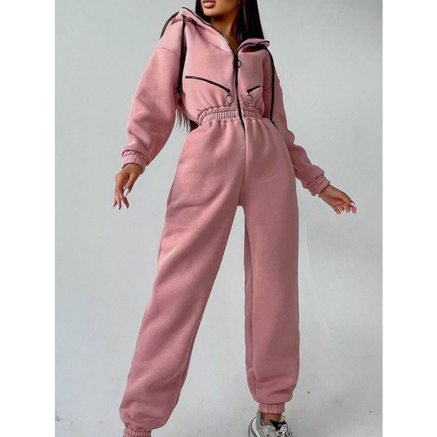 Zip Front Dropped Shoulder Jumpsuit Pink / S Apparel and Accessories