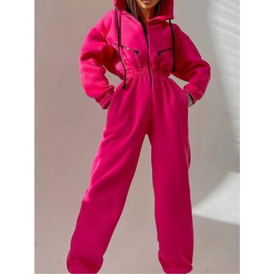 Zip Front Dropped Shoulder Jumpsuit Rose Red / S Apparel and Accessories