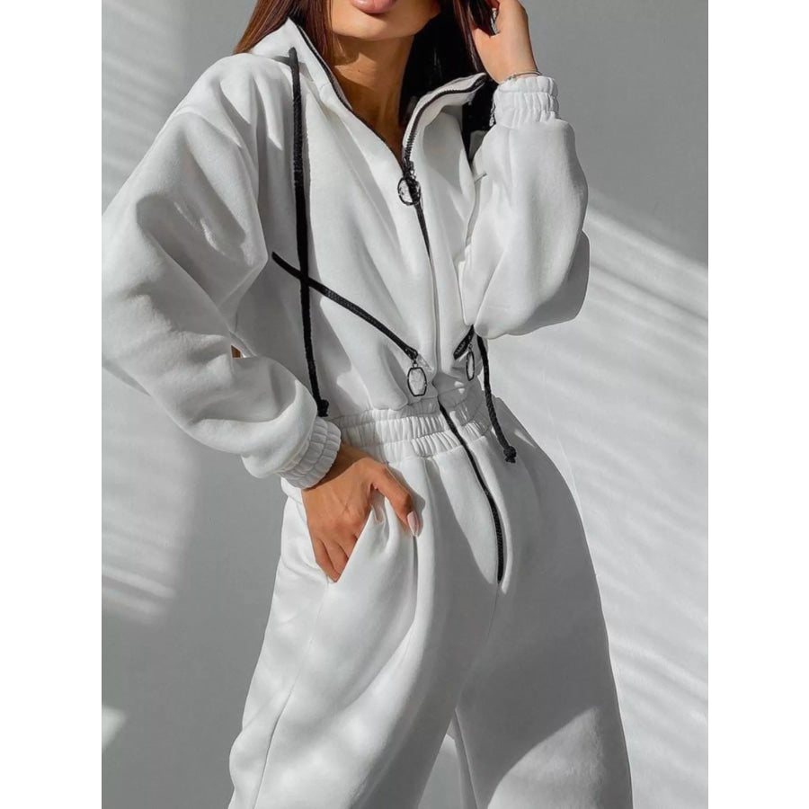 Zip Front Dropped Shoulder Jumpsuit White / S Apparel and Accessories