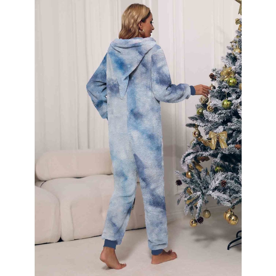 Zip Front Long Sleeve Hooded Teddy Lounge Jumpsuit