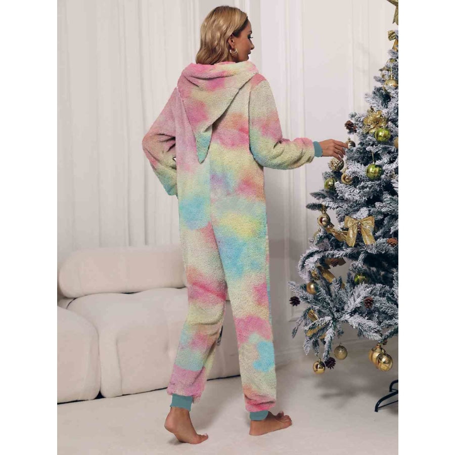 Zip Front Long Sleeve Hooded Teddy Lounge Jumpsuit