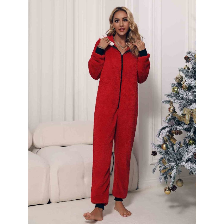 Zip Front Long Sleeve Hooded Teddy Lounge Jumpsuit