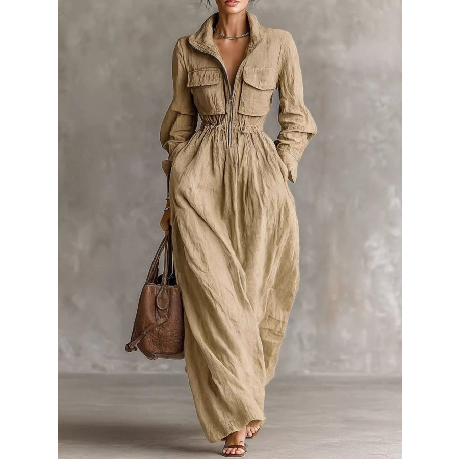 Zip-Front Long Sleeve Maxi Shirt Dress Apparel and Accessories