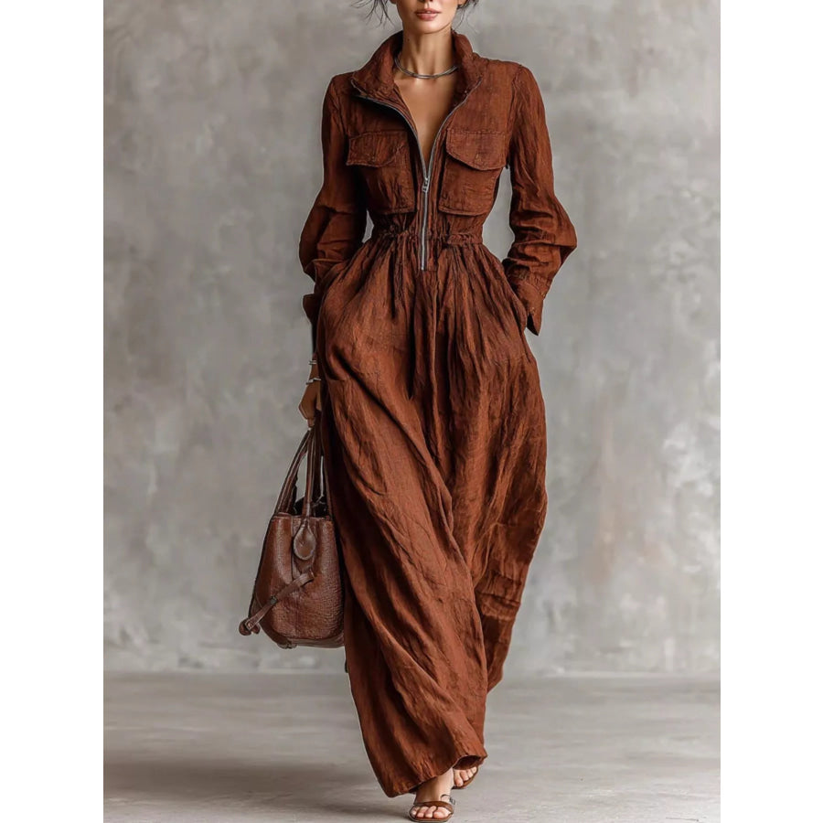 Zip-Front Long Sleeve Maxi Shirt Dress Apparel and Accessories