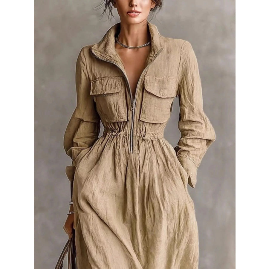 Zip-Front Long Sleeve Maxi Shirt Dress Apparel and Accessories